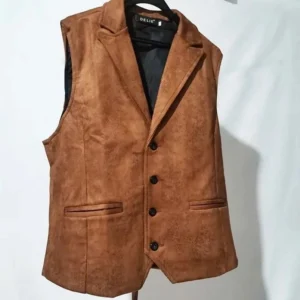 Brown suede post-apocalyptic steampunk vest front view with notched lapel collar and black button closure on white background