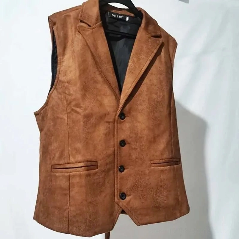 Brown suede post-apocalyptic steampunk vest front view with notched lapel collar and black button closure on white background