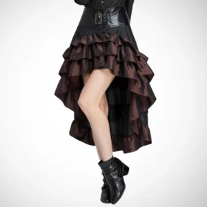 Brown steampunk bustle skirt with tiered ruffles and metal waist belt, low-angle front close-up showcasing black faux leather belt and layered hem details