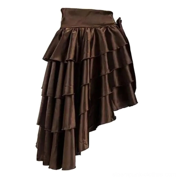 Brown steampunk high-low ruffled skirt flat lay side view featuring dark brown satin layered ruffles and high-low hem
