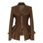Brown vegan leather biker steampunk jacket with peplum hem, front view showing silver zipper and tailored silhouette