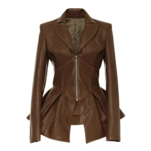 Brown vegan leather biker steampunk jacket with peplum hem, front view showing silver zipper and tailored silhouette