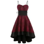 Burgundy floral steampunk corset dress front view with sweetheart neckline, spaghetti straps, and high-low hem design on white background