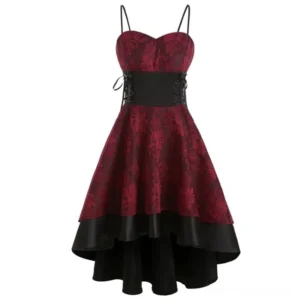 Burgundy floral steampunk corset dress front view with sweetheart neckline, spaghetti straps, and high-low hem design on white background