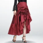 Burgundy high-low steampunk skirt with front ruching and asymmetrical hem, worn by model in black lace top