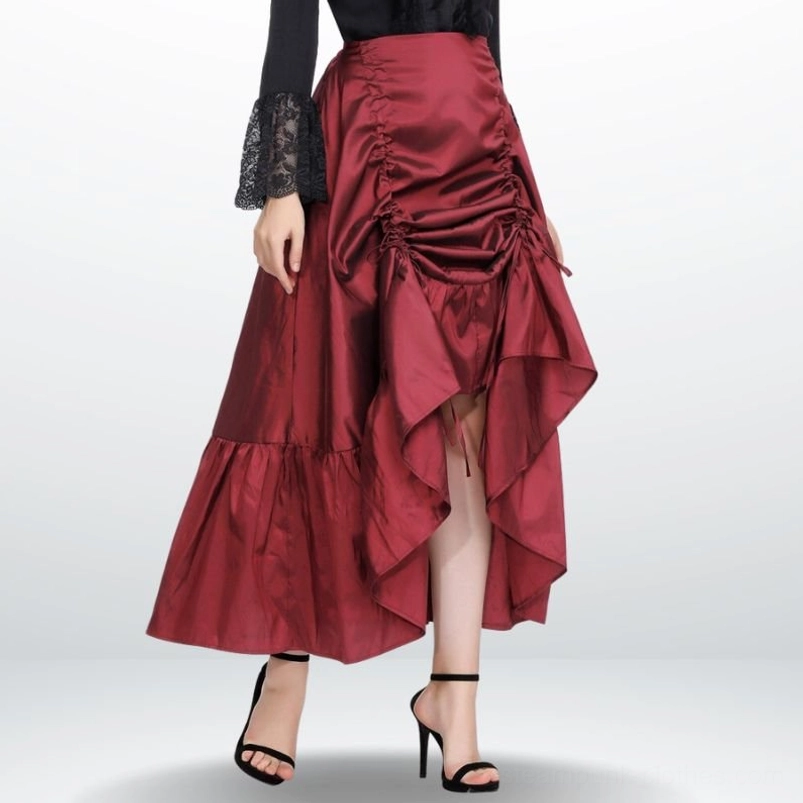 Burgundy high-low steampunk skirt with front ruching and asymmetrical hem, worn by model in black lace top