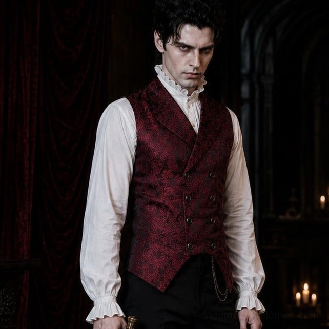 Burgundy paisley jacquard steampunk waistcoat front view on model with white ruffled shirt in gothic candlelit setting