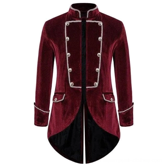 Burgundy red steampunk velvet tailcoat front view with matching trim and button details