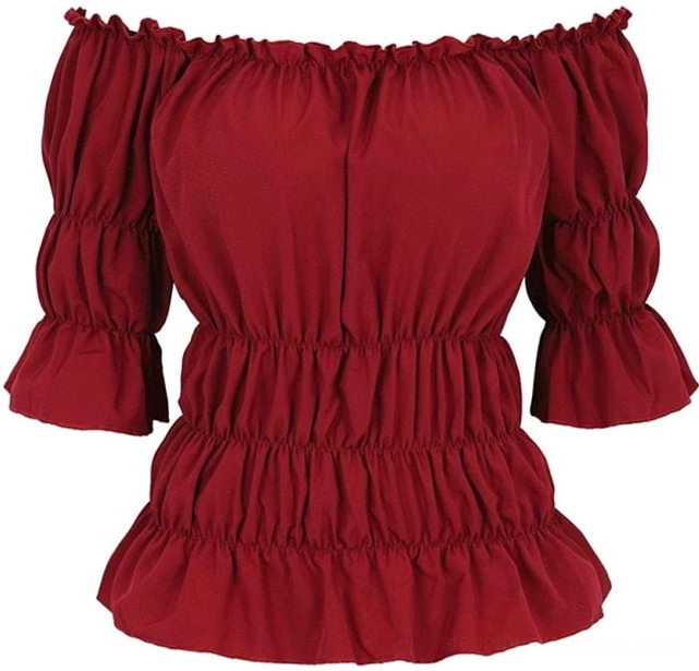 Burgundy off-shoulder steampunk blouse with tiered ruffles and ruched torso flat lay