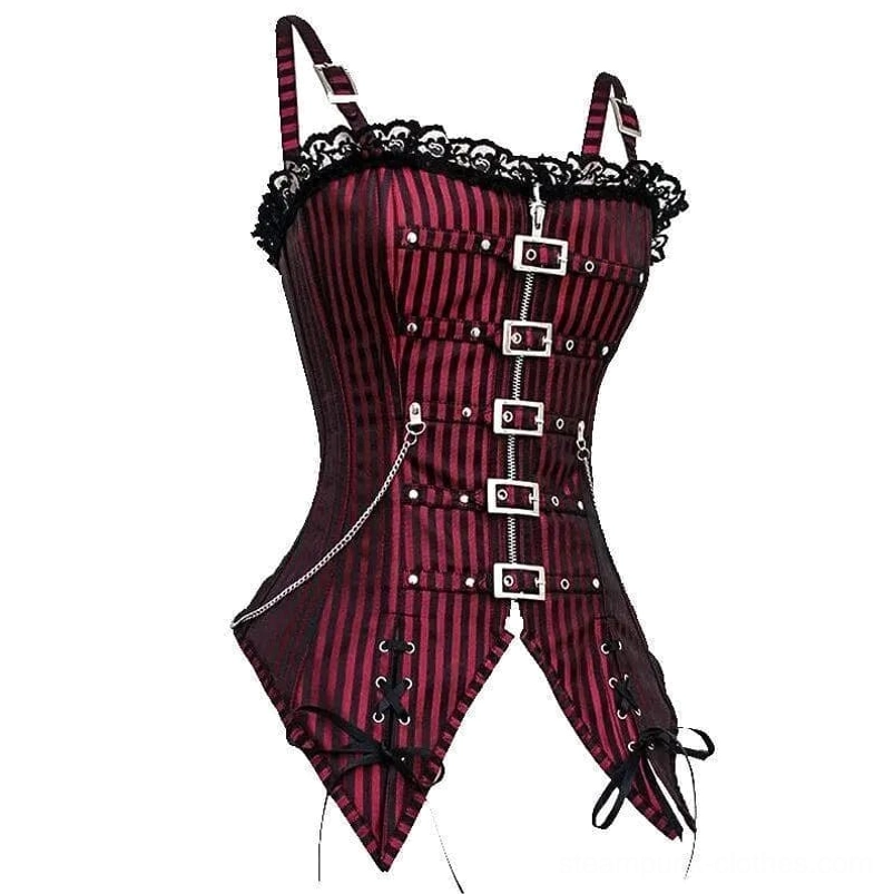 Burgundy steampunk corset with left-side chain decoration and buckle details flat front view studio