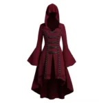 Burgundy steampunk hooded jacket front view with bell sleeves, buckle closures, and high-low hem on mannequin