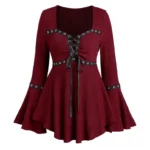 Burgundy gothic steampunk lace-up knit top flat lay front view, featuring black satin ribbons, metal eyelet grommets, ruched bust design, and flared bell sleeves on white studio background