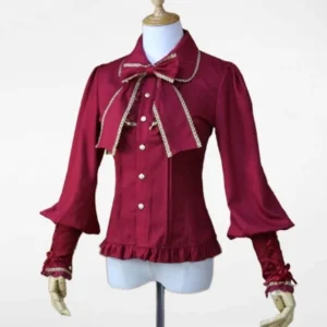 Burgundy steampunk lolita blouse front view with gold-trimmed bow collar and structured button placket on mannequin