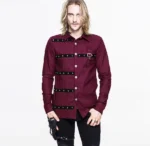 Burgundy steampunk shirt for men with riveted black straps, front view on male model