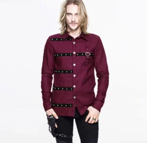 Burgundy steampunk shirt for men with riveted black straps, front view on male model