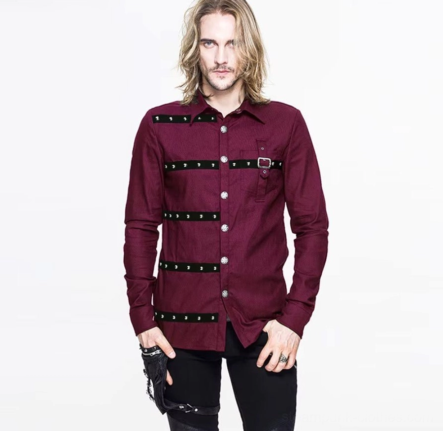 Burgundy steampunk shirt for men with riveted black straps, front view on male model