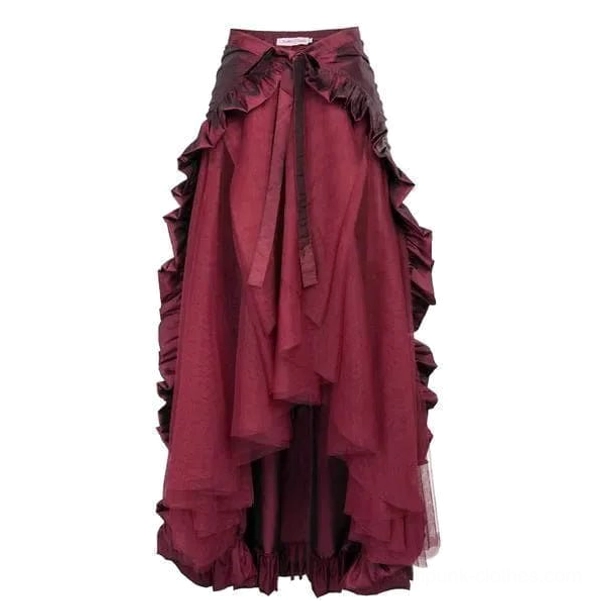 Burgundy steampunk high-low overlay skirt with front bow tie detail and ruffled side trims full front display on white background