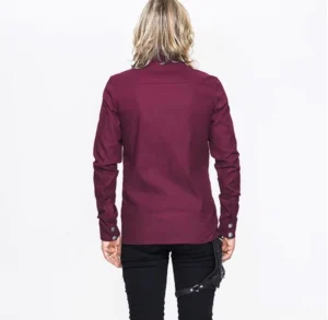 Burgundy steampunk men's shirt back view, showing solid satin fabric and clean tailoring