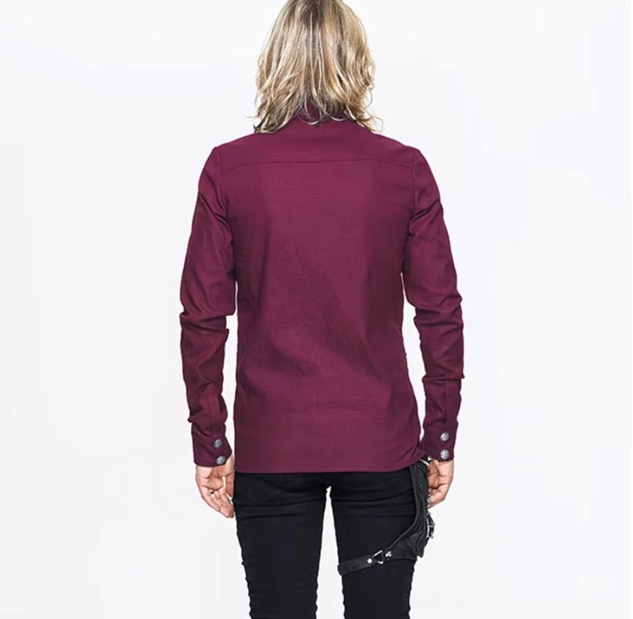 Burgundy steampunk men's shirt back view, showing solid satin fabric and clean tailoring