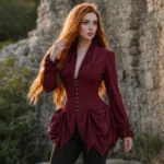 Burgundy Victorian steampunk shirt with pleated V-neckline, ruffled cuffs, and asymmetrical draped hem worn by model with long red hair outdoors at historic stone ruins