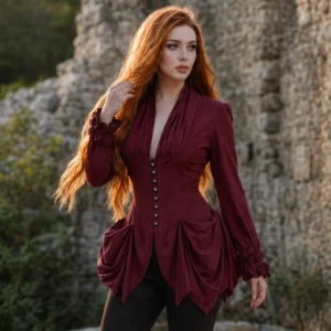Burgundy Victorian steampunk shirt with pleated V-neckline, ruffled cuffs, and asymmetrical draped hem worn by model with long red hair outdoors at historic stone ruins