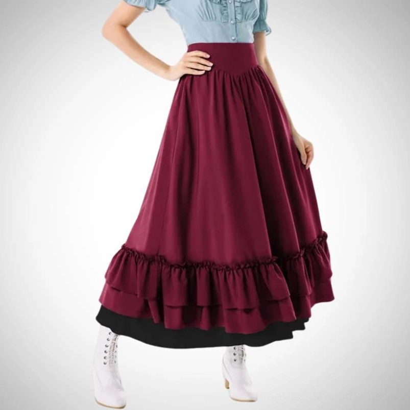 Burgundy steampunk Victorian long skirt with high waist, double-layer ruffled hem, black bottom trim, worn by female model