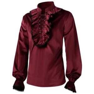 Burgundy steampunk men's blouse with lace-up front ruffle and bishop sleeves, three-quarter front perspective