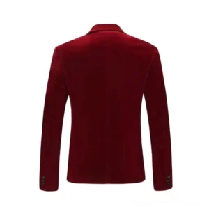 Burgundy velvet steampunk jacket back view showing structured tailoring and plush fabric