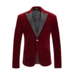Burgundy velvet steampunk blazer front view single-breasted design with satin lapels
