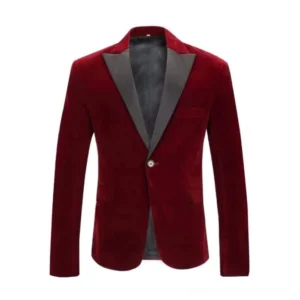 Burgundy velvet steampunk blazer front view single-breasted design with satin lapels