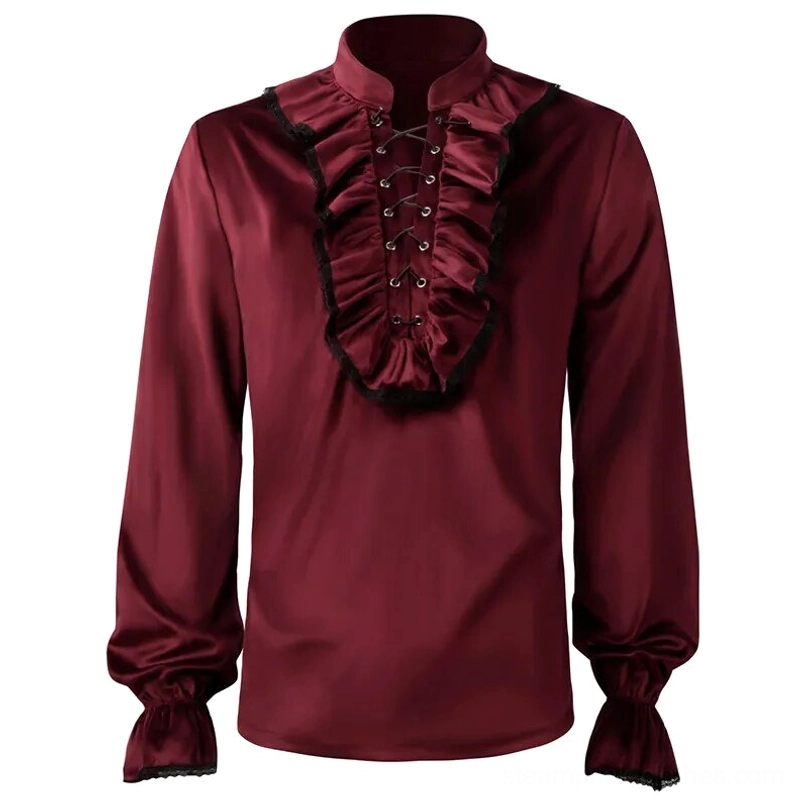 Burgundy Victorian velvet blouse for men with stand collar and black lace-trimmed ruffled front, front view on mannequin