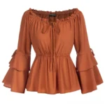 Burnt orange steampunk blouse with tiered bell sleeves and self-tie drawstring neckline, full front view on mannequin