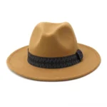 Camel steampunk fedora hat with paisley embossed hatband and buckle detail, three-quarter view