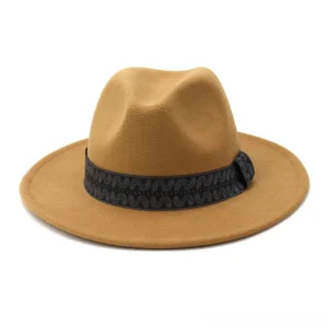 Camel steampunk fedora hat with paisley embossed hatband and buckle detail, three-quarter view
