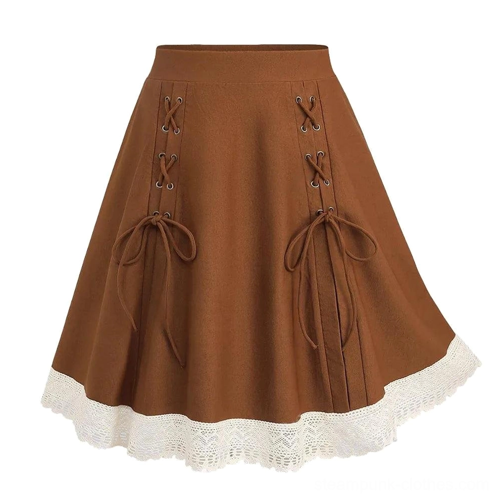 Coffee brown steampunk mini skirt with white lace hem and dual front lace-up grommet details, flat lay frontal view on white background