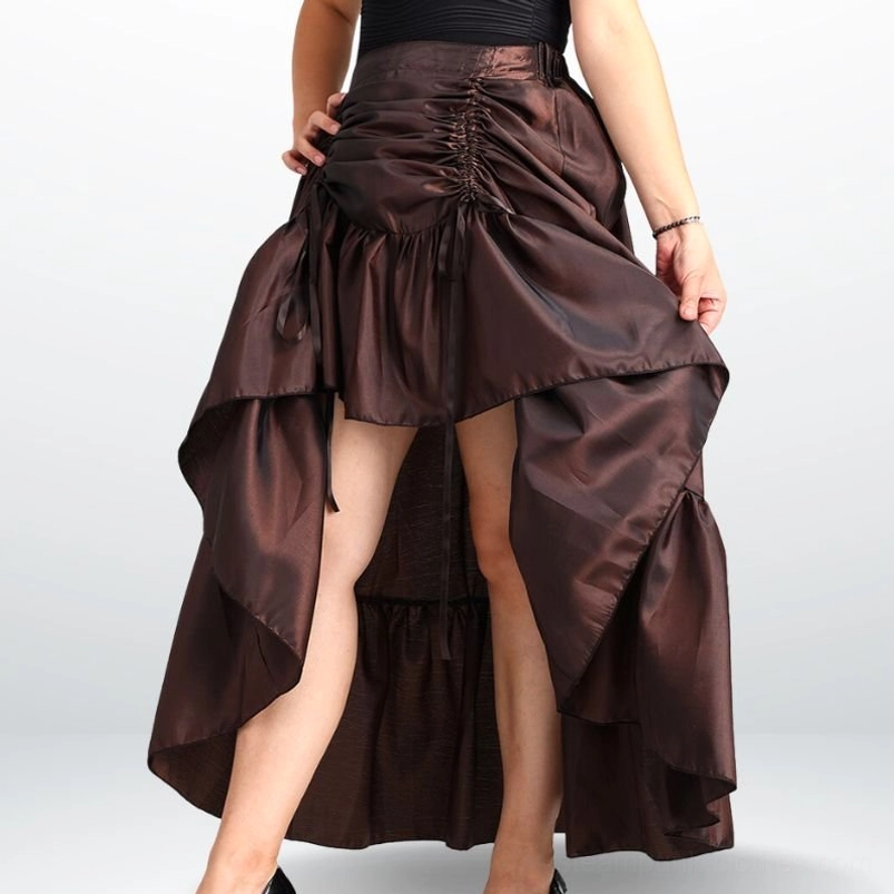 Coffee brown high-low steampunk skirt with front ruched detail and voluminous asymmetric cut
