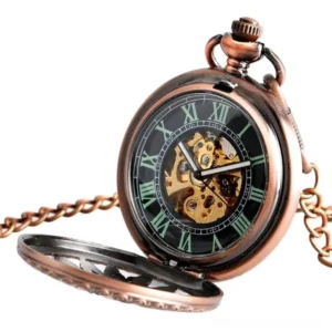 Copper finish steampunk pocket watch flip-open view showing green Roman numeral dial and exposed mechanical movement