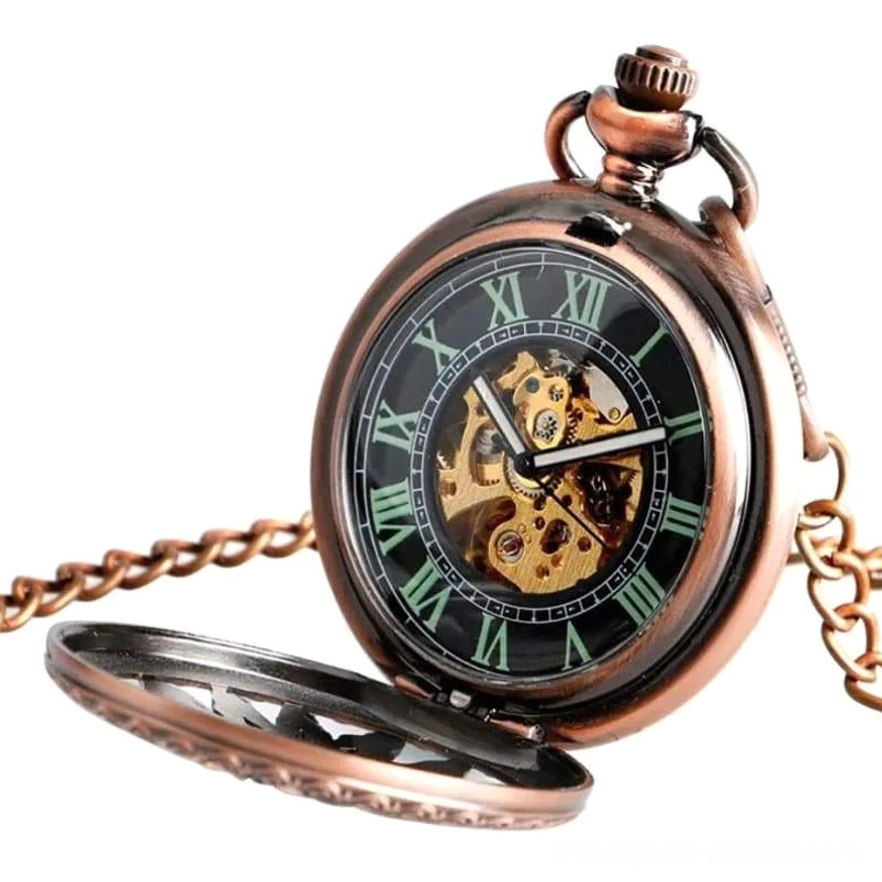 Copper finish steampunk pocket watch flip-open view showing green Roman numeral dial and exposed mechanical movement
