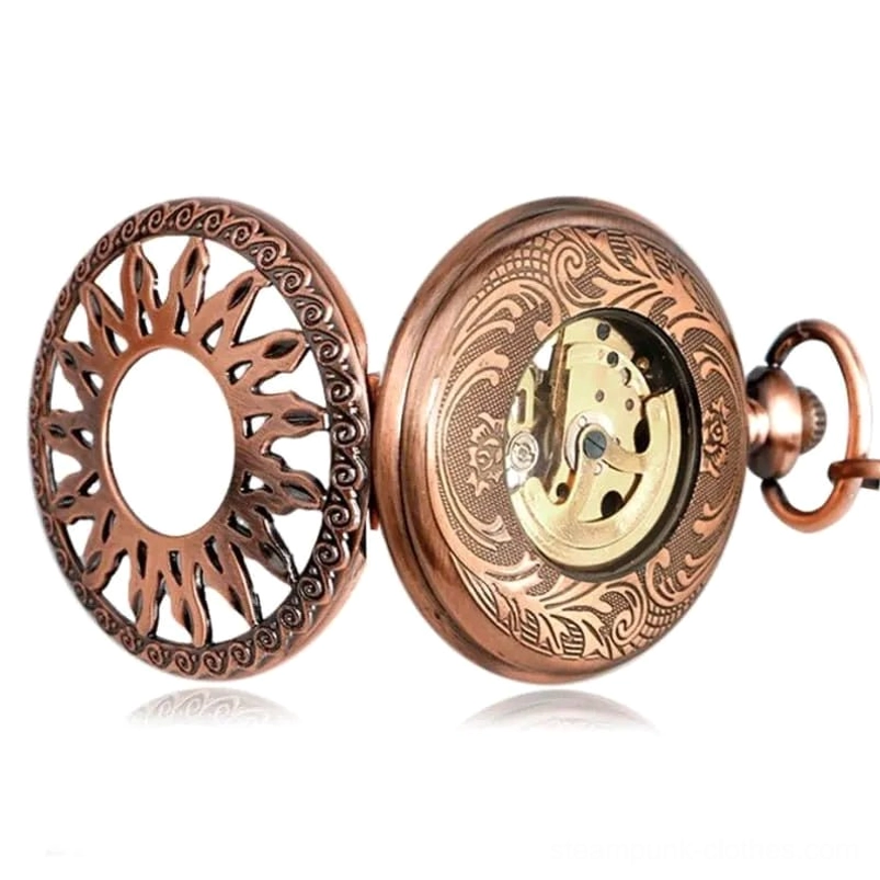 Hollow sunburst steampunk pocket watch case set with engraved floral copper inner case front view