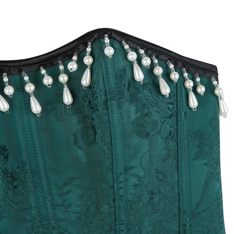 Steampunk corset neckline detail showing pearl drop tassels and black fabric trim