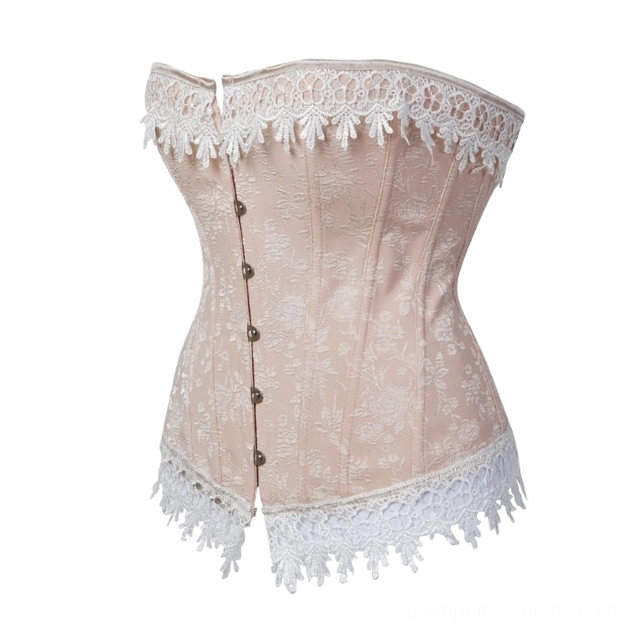 Cream steampunk corset side front angle showing strapless silhouette, side button fastening, lace trim details, and structured spiral steel boning on studio background