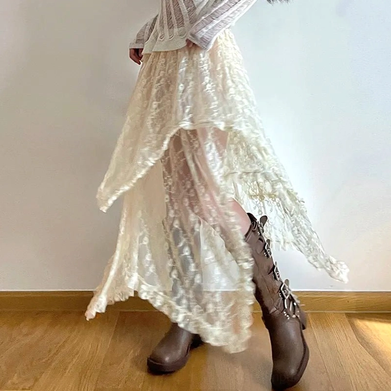 Cream floral lace steampunk skirt three-quarter side view showing sheer lace overlay and uneven hemline