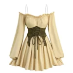 Cream off-shoulder steampunk blouse front view with ruched bodice, poet sleeves, and removable olive-green lace-up corset belt