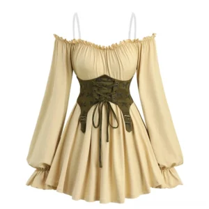 Cream off-shoulder steampunk blouse front view with ruched bodice, poet sleeves, and removable olive-green lace-up corset belt