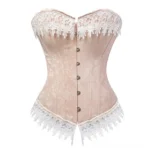 Cream steampunk corset front view with lace trim and metal button closure, strapless design with jacquard fabric and white floral embroidery on plain background