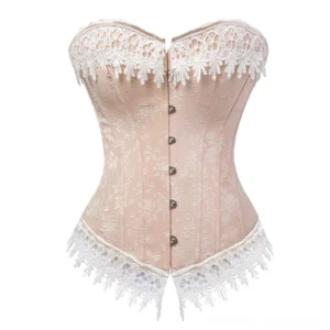 Cream steampunk corset front view with lace trim and metal button closure, strapless design with jacquard fabric and white floral embroidery on plain background