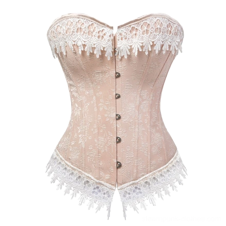 Cream steampunk corset front view with lace trim and metal button closure, strapless design with jacquard fabric and white floral embroidery on plain background