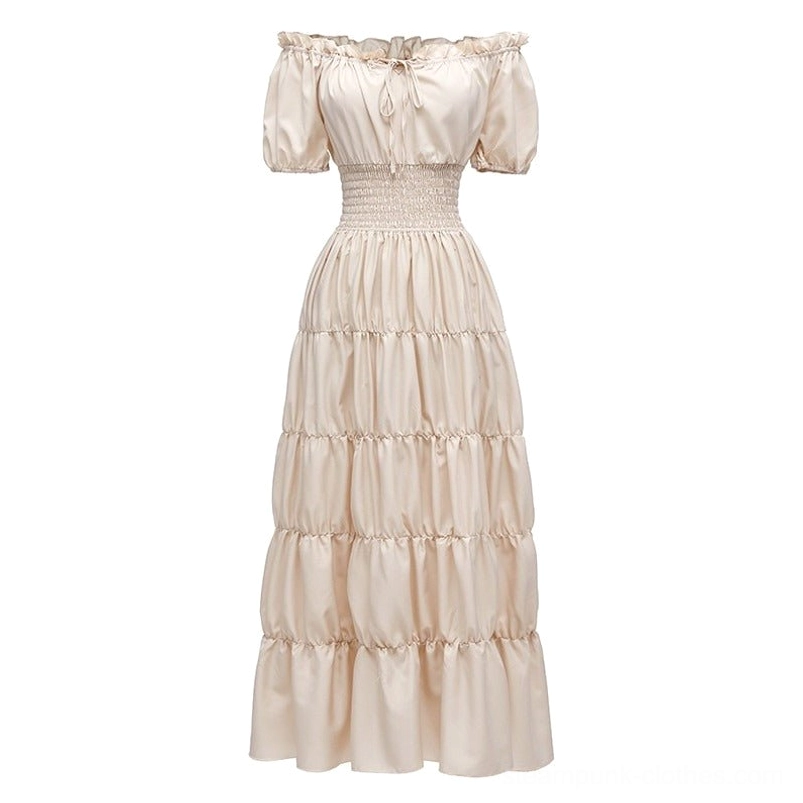 Beige steampunk maxi dress flat lay display showing smocked waist, ruffled off-shoulder trim, and gathered tiered fabric construction