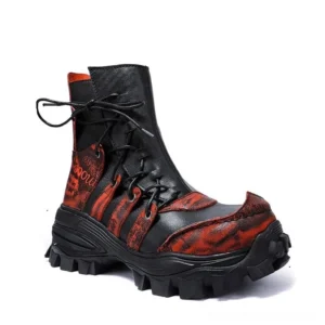 cyber steampunk lace-up boots three-quarter view with distressed red-black leather and thick lug sole