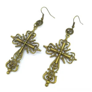 Dark bronze filigree cross steampunk drop earrings with gear connector and intricate carved cross details, tilted display